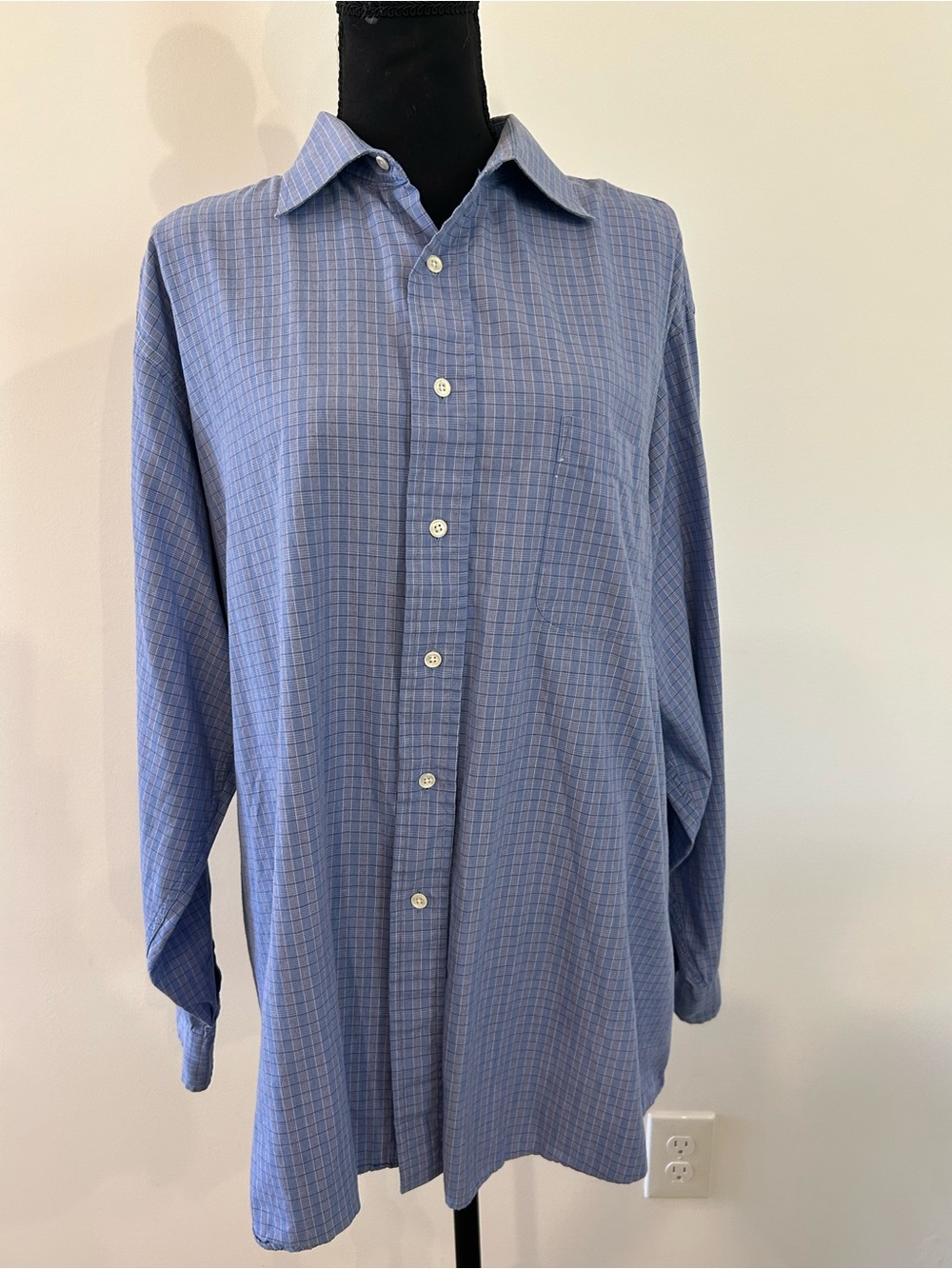 Vintage 90s Bill Blass Black Label Cotton Blue Plaid Button Down Shirt 17.5 34